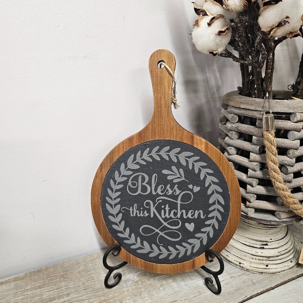 Rustic Slate & Wood Paddle Cutting Board – “Bless This Kitchen”